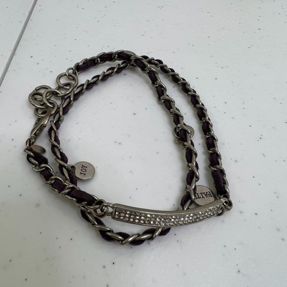 Premier Designs Wrap Bracelet Leather Chain Silver Tone Rhinestone Faith Joy  Us